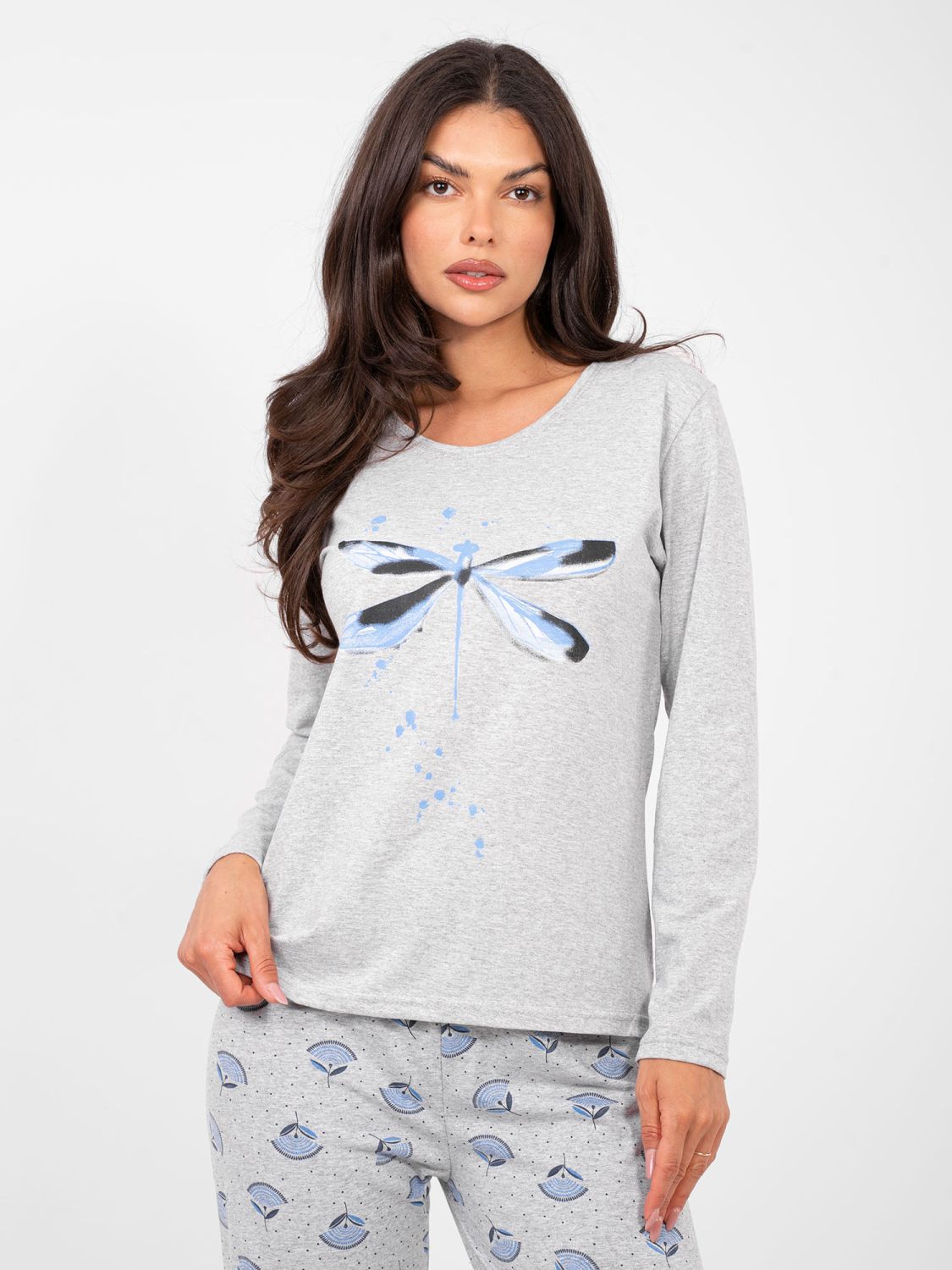 Női szürke színű pamut pizsama nyomott mintával és gombokkal