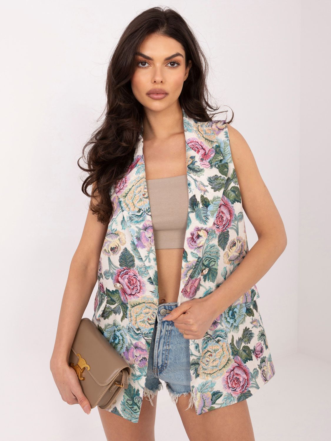 Elegáns zöld színű virágmintás mellény