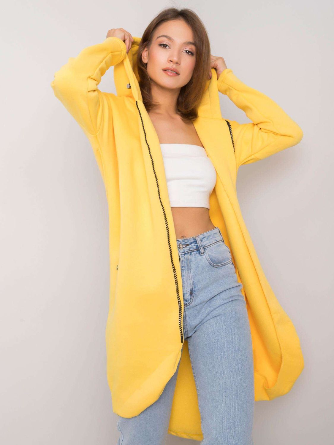 Sárga hosszú kapucnis cipzáras pulóver