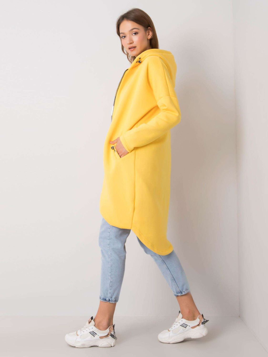 Sárga hosszú kapucnis cipzáras pulóver