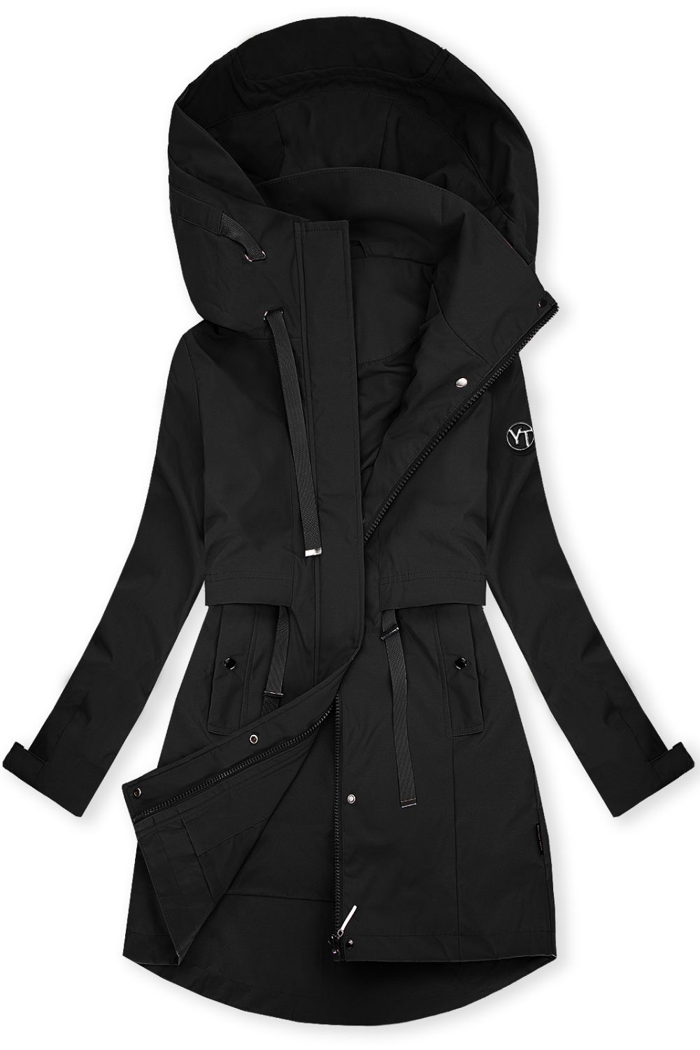 Fekete színű tavaszi parka nagy kapucnival