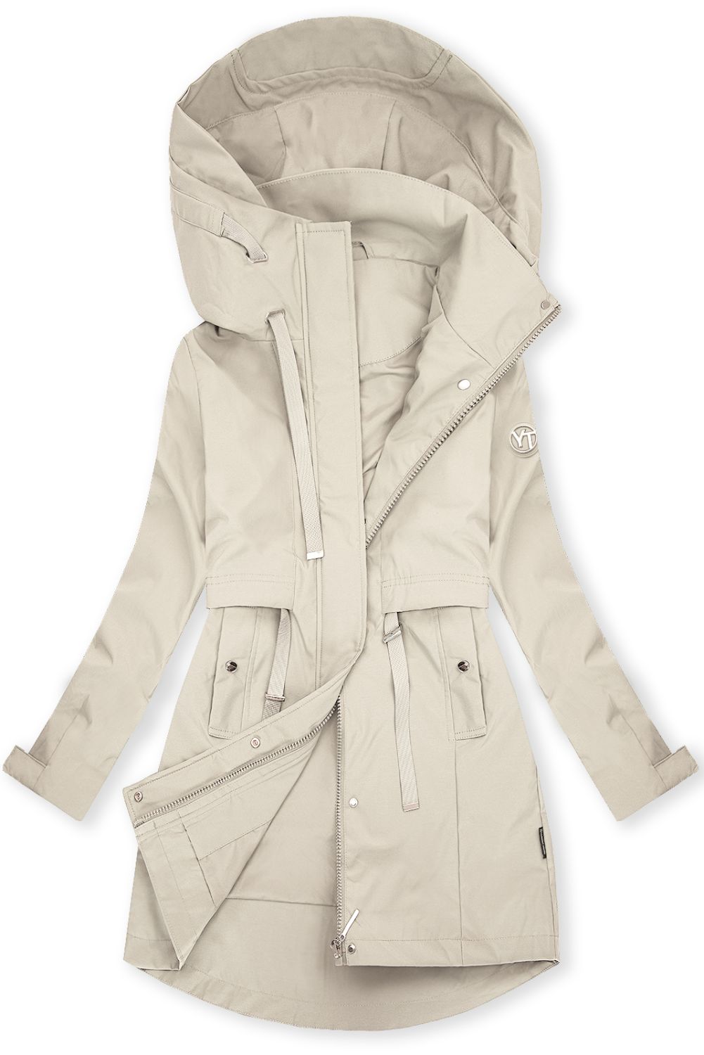 Ekrü színű tavaszi parka nagy kapucnival