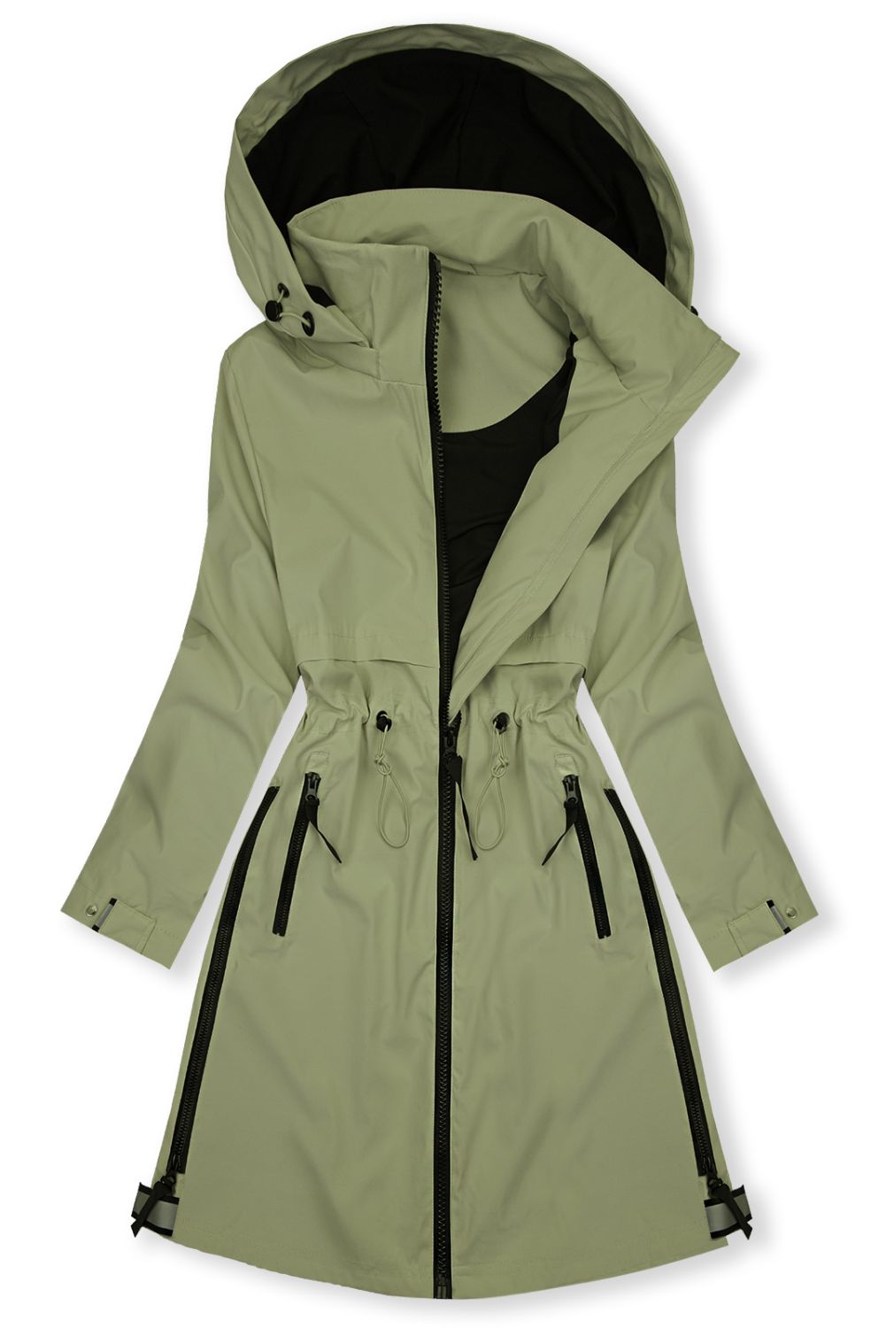 Olívazöld színű átmeneti parka derékban behúzással