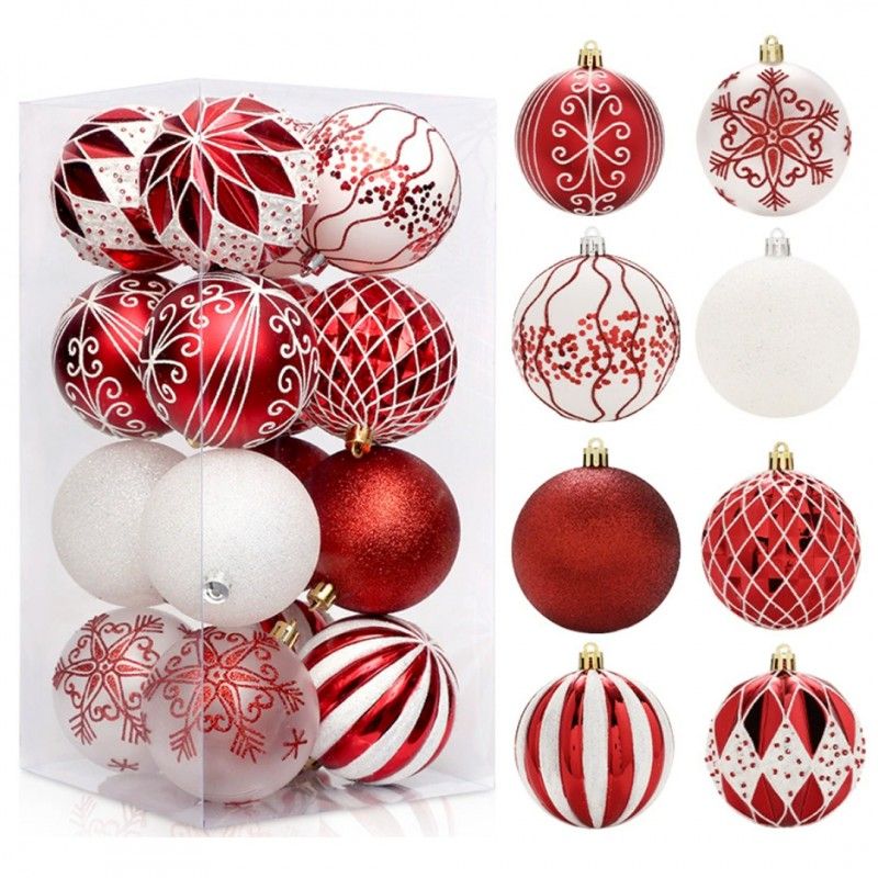 Piros/fehér színű karácsonyfadíszek, 8 cm, 16 darab