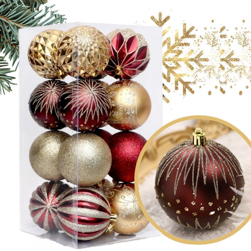 Arany/bordó színű karácsonyfadíszek, 8 cm, 16 darab