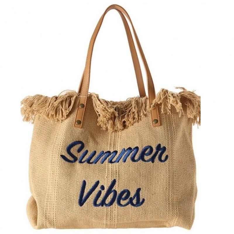 SUMMER VIBES rojtokkal díszített strandtáska, natúr színben