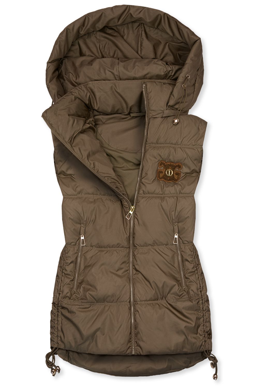 Barna színű steppelt kapucnis mellény