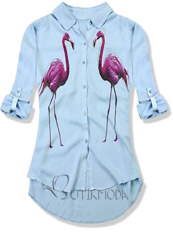 Világoskék színű ingblúz, flamingó mintával