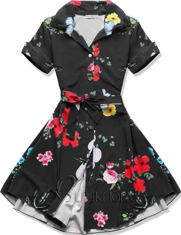 Fekete színű virágmintás ruha gombokkal