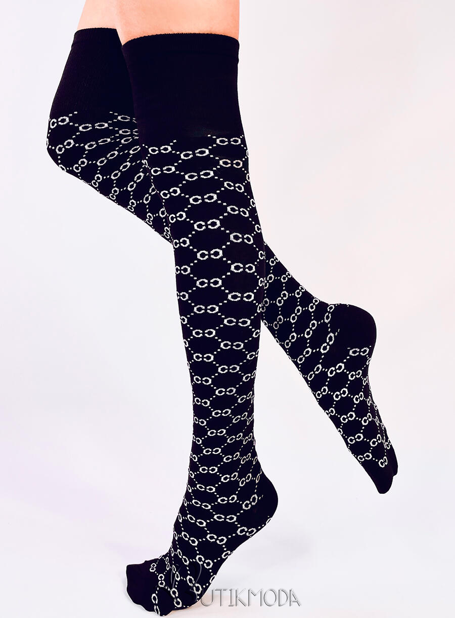 Női térd feletti zokni nyomott mintával - fekete/fehér színű