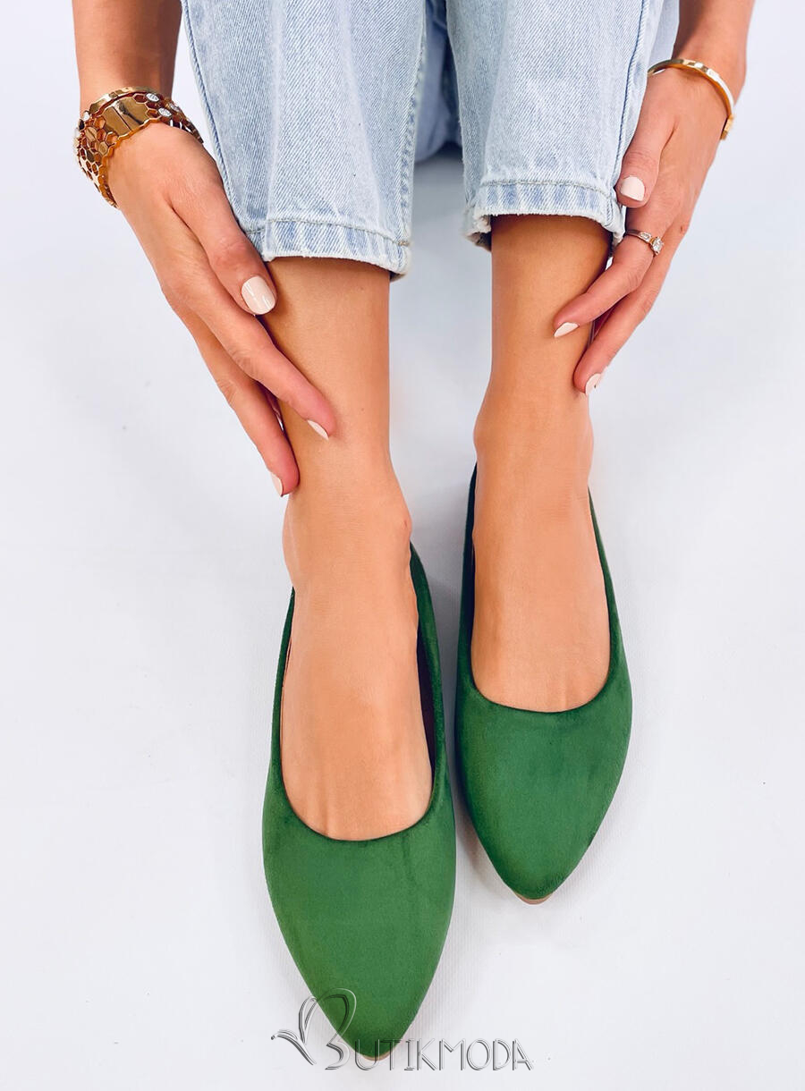 Sötétzöld színű balerina cipő bőr talpbetéttel