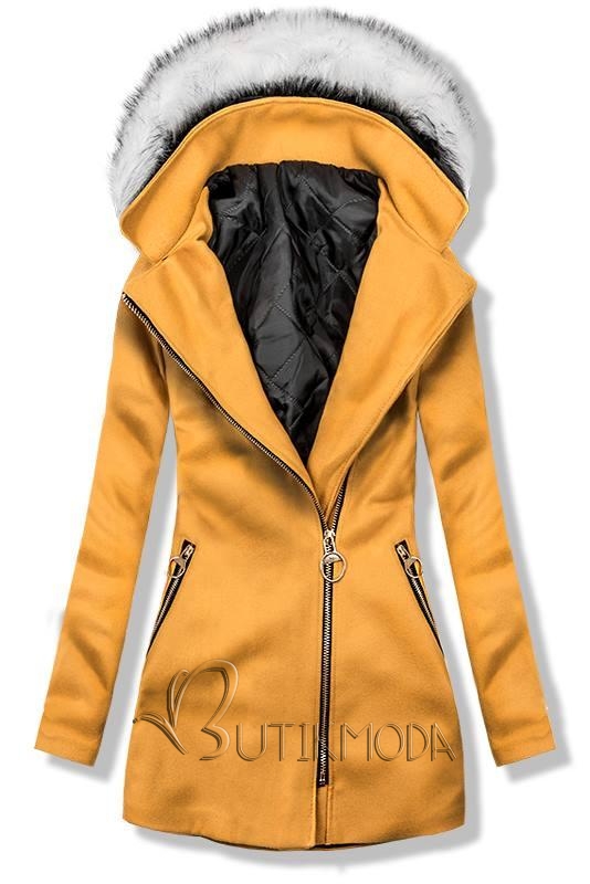 Mustársárga színű kapucnis kabát