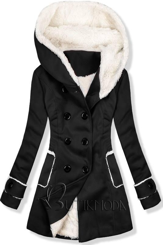 Fekete színű téli kabát plüss béléssel