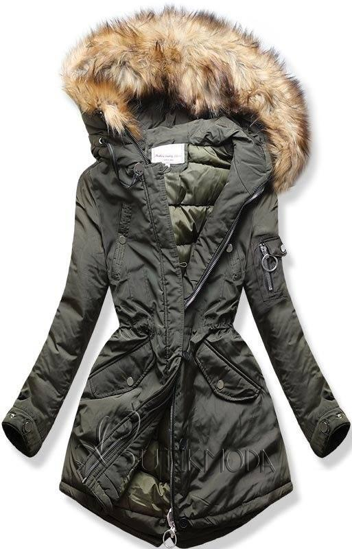 Khaki színű steppelt téli kabát