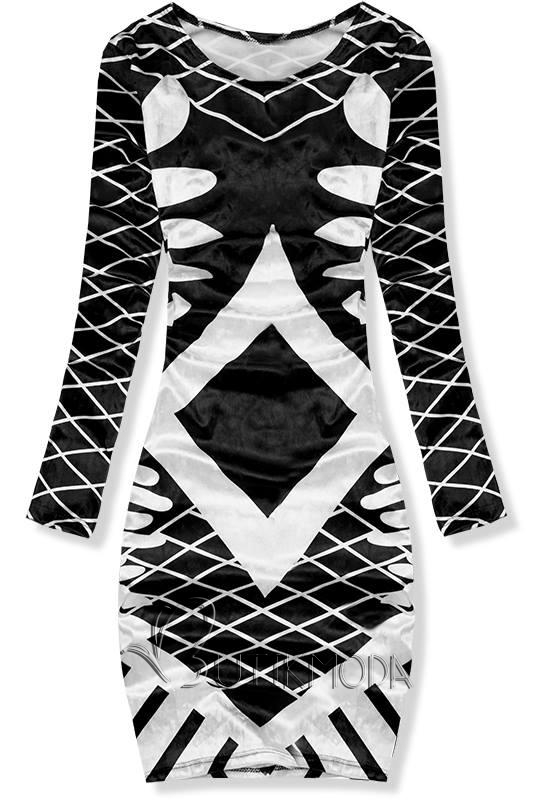 Fekete és fehér színű mintás bársony ruha