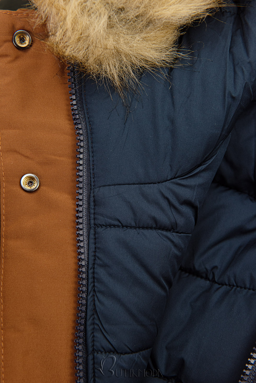 Kifordítható téli kabát szőrmével  - barna és kék színű