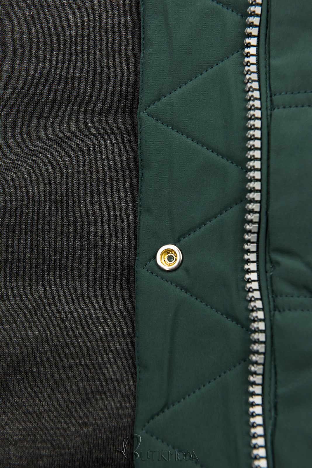 Sötétzöld és szürke színű kifordítható kabát sportos stílusban