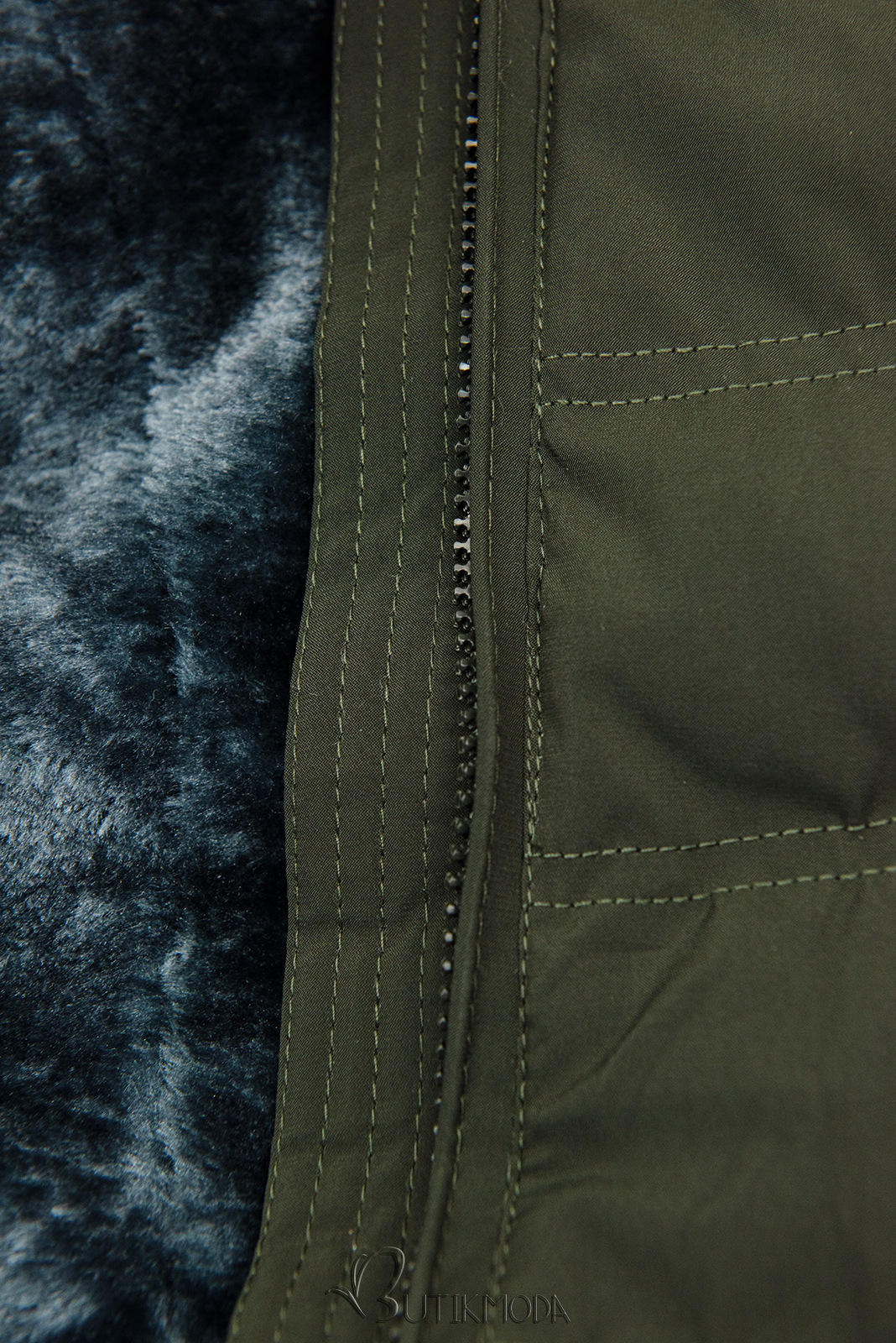 Khaki színű téli kabát szürke színű béléssel