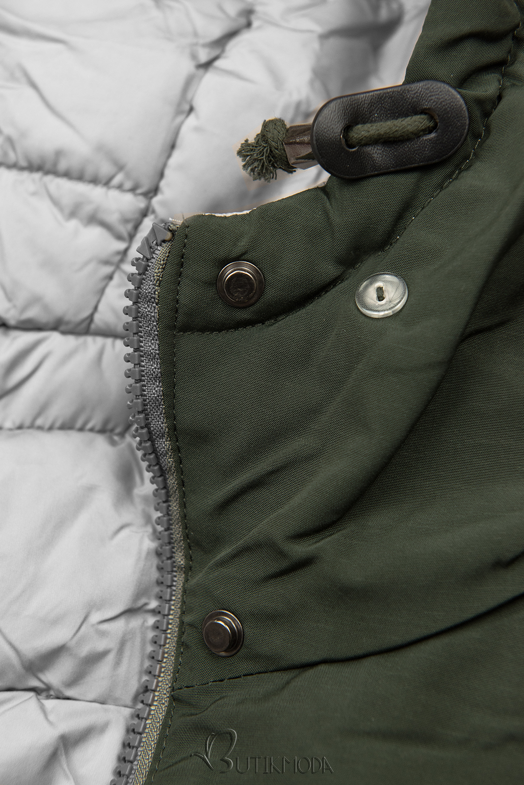 Khaki és szürke színű kifordítható téli kabát