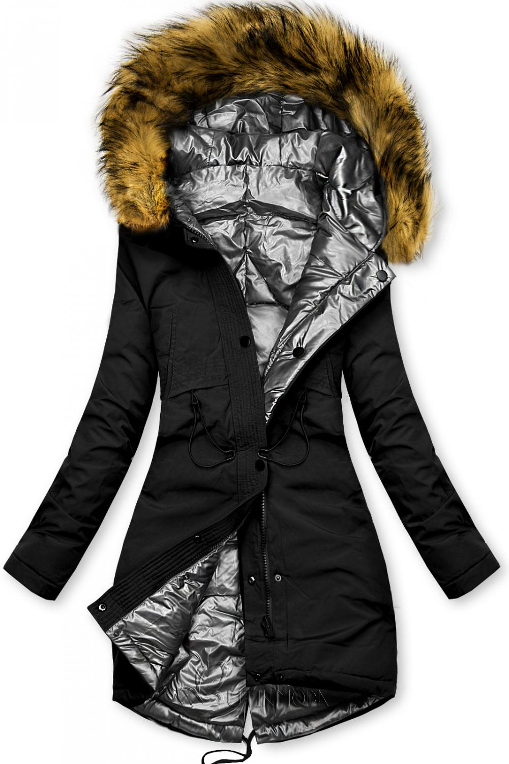 Fekete és ezüstszürke színű kifordítható téli kabát