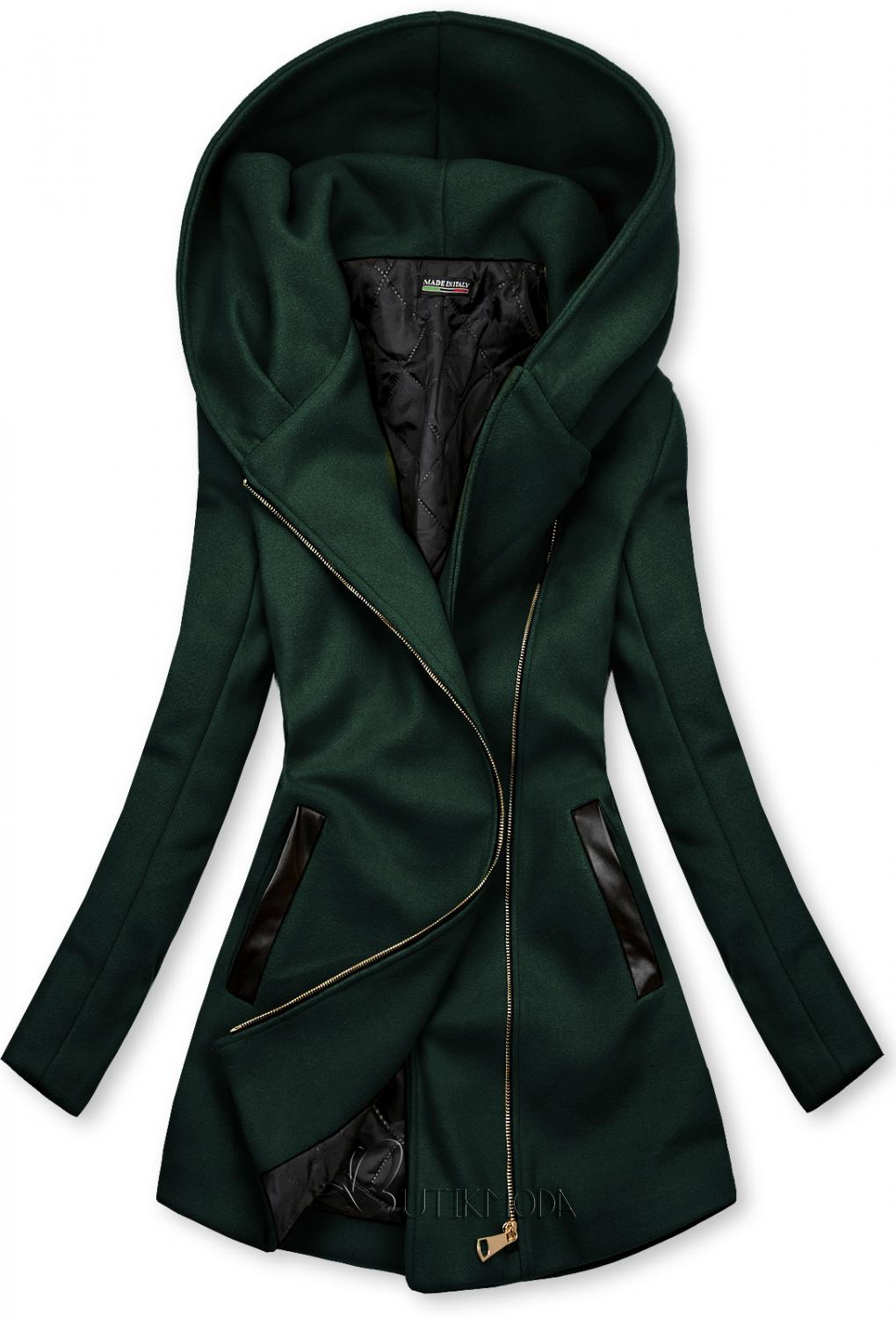 Sötétzöld színű kabát műbőr elemekkel
