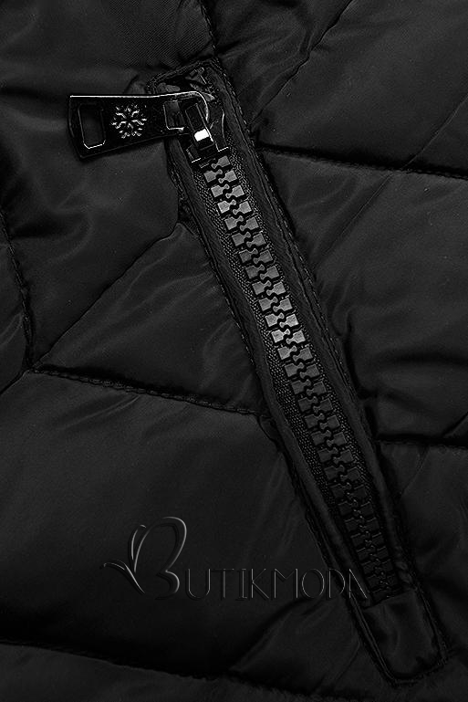 Fekete színű steppelt hosszú kabát