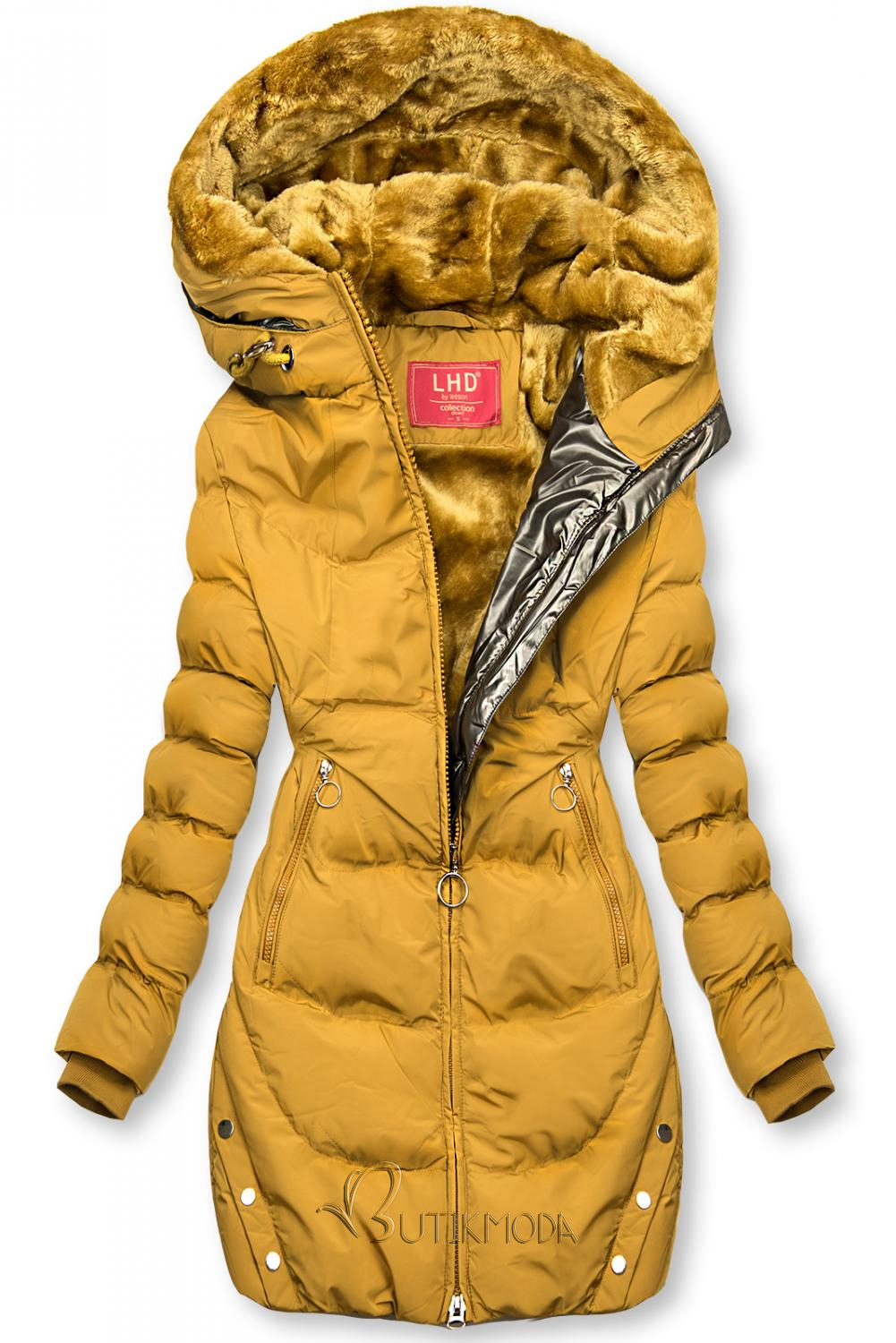 Sárga színű téli kabát ezüstszürke színű szegéllyel