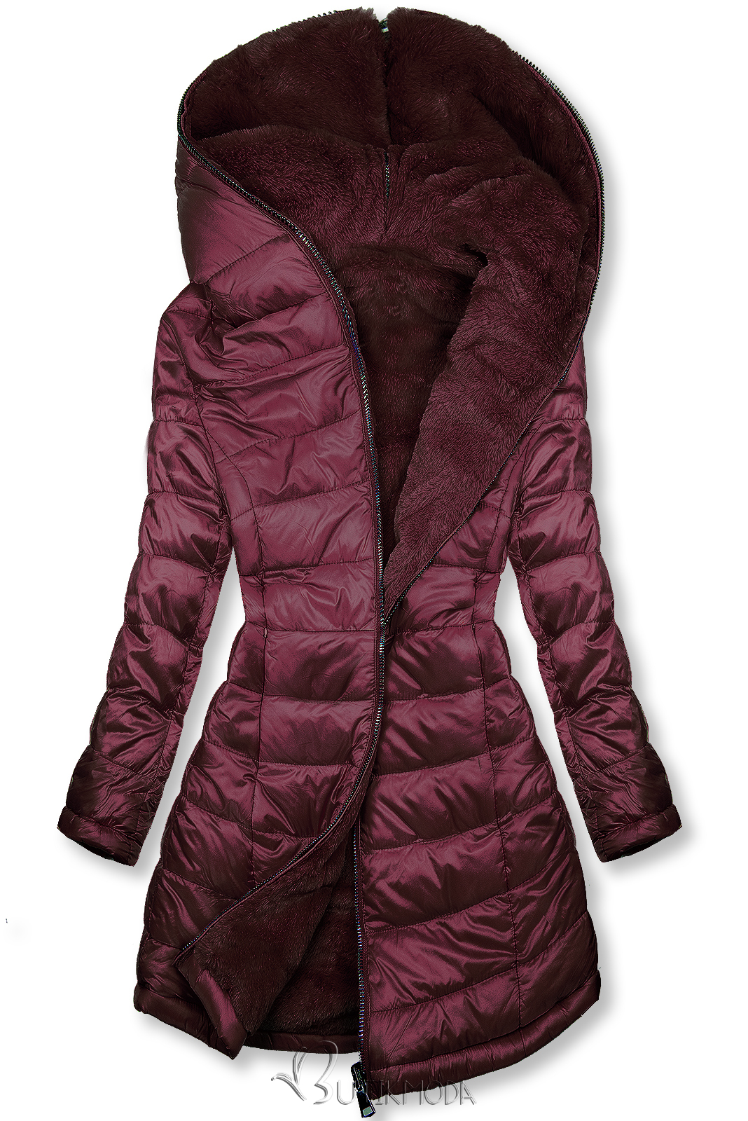 Burgundi vörös színű kifordítható kabát plüssel