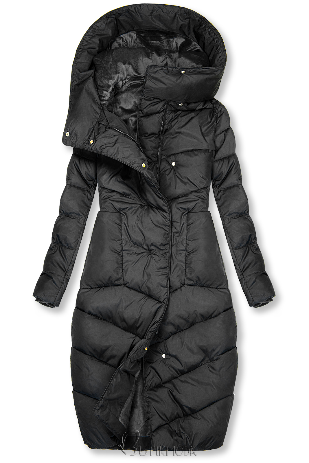 Fekete színű téli kabát magas gallérral