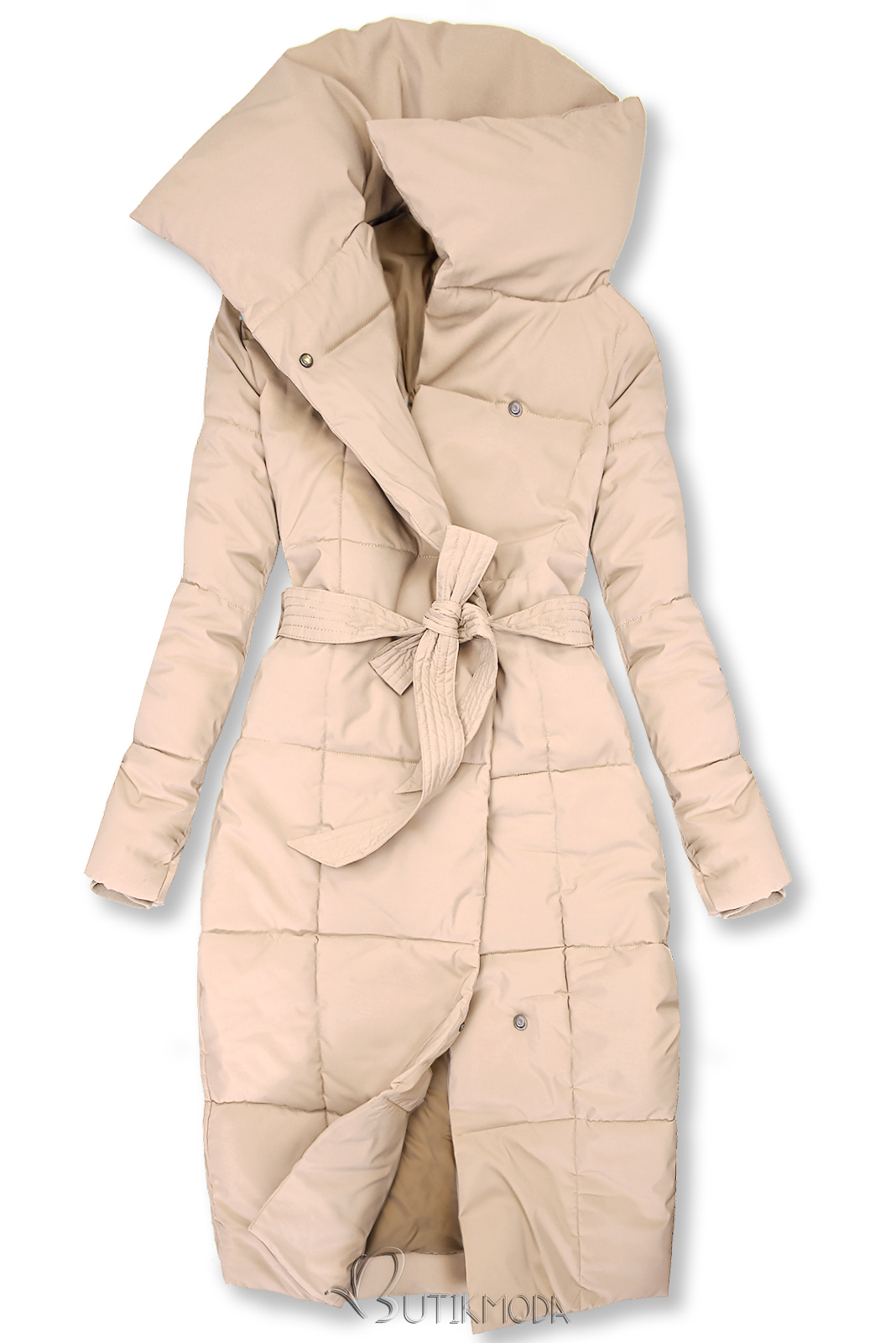 Bézsszínű steppelt téli kabát övvel