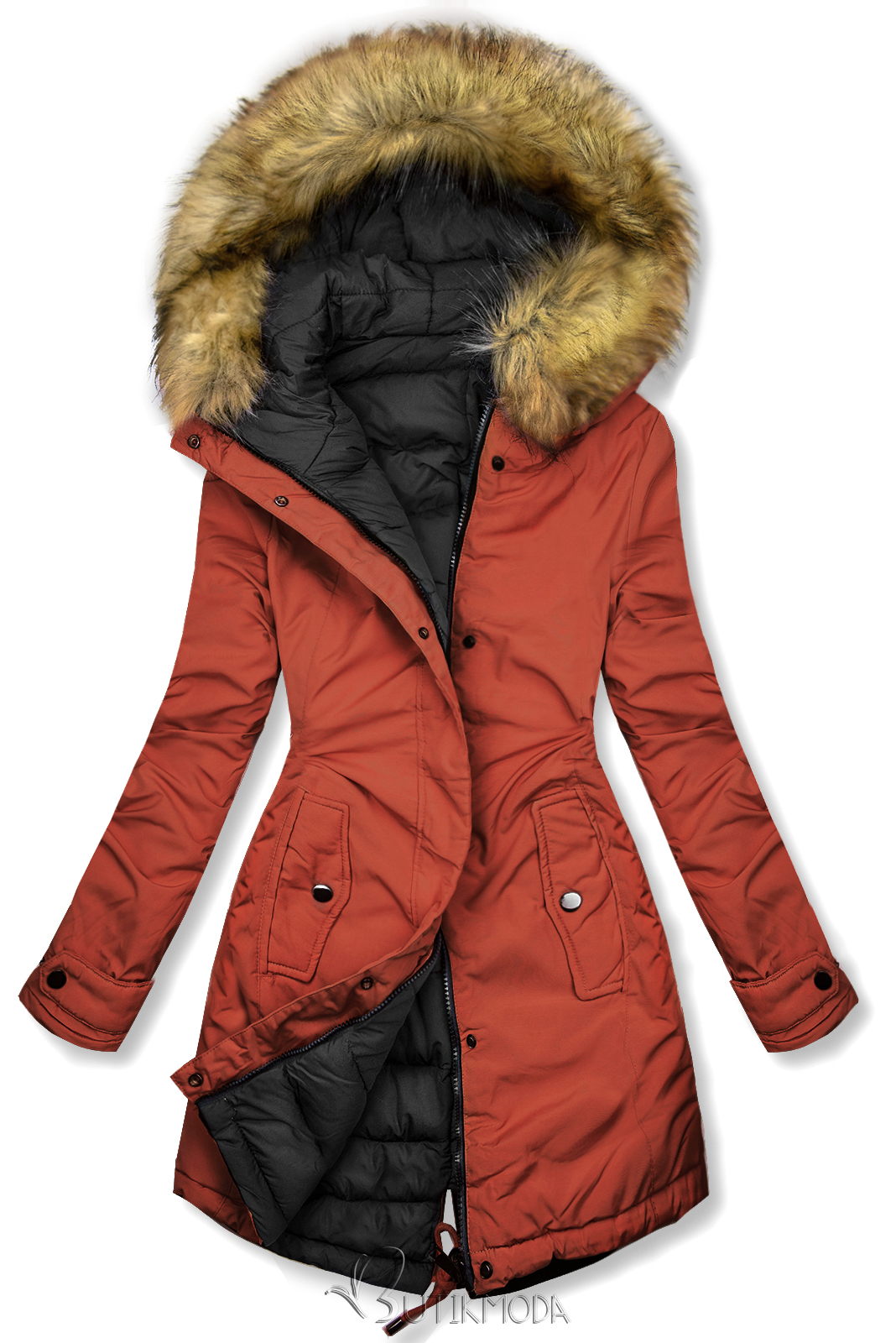 Kifordítható téli kabát szőrmével  - rozsdavörös és fekete színű