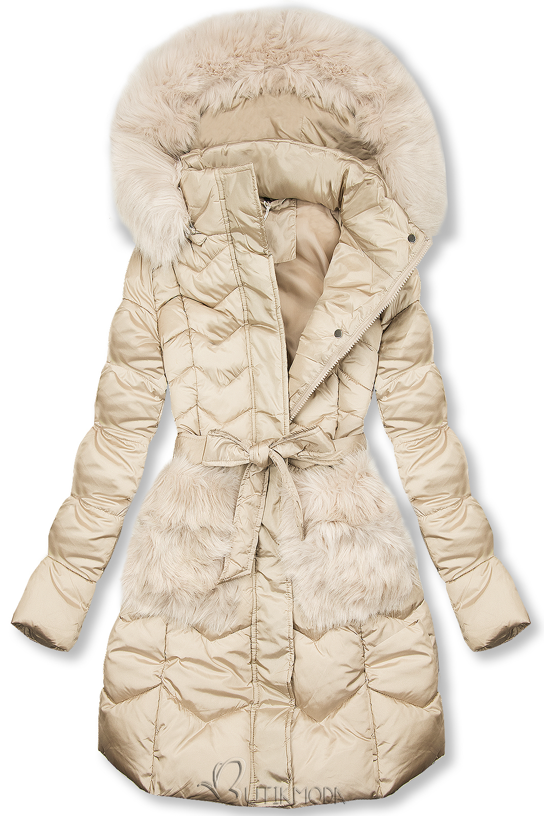 Téli steppelt kabát övvel - pezsgőszínű