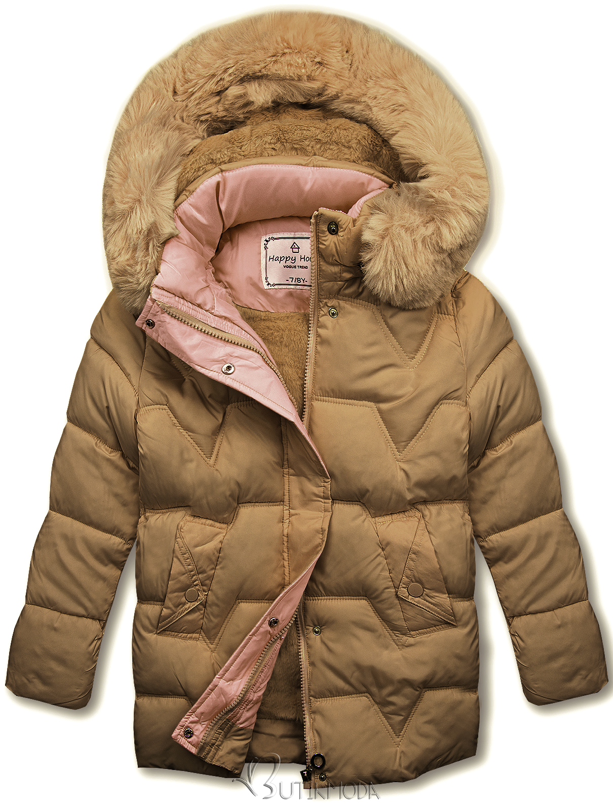 Barna színű kézitáskával ellátott téli steppelt kabát