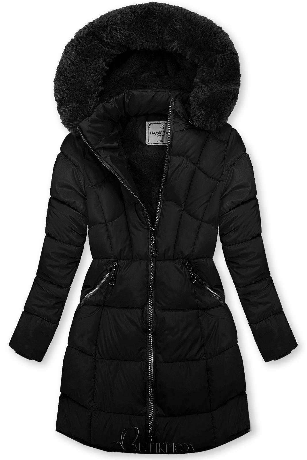 Fekete színű téli kabát kesztyűvel