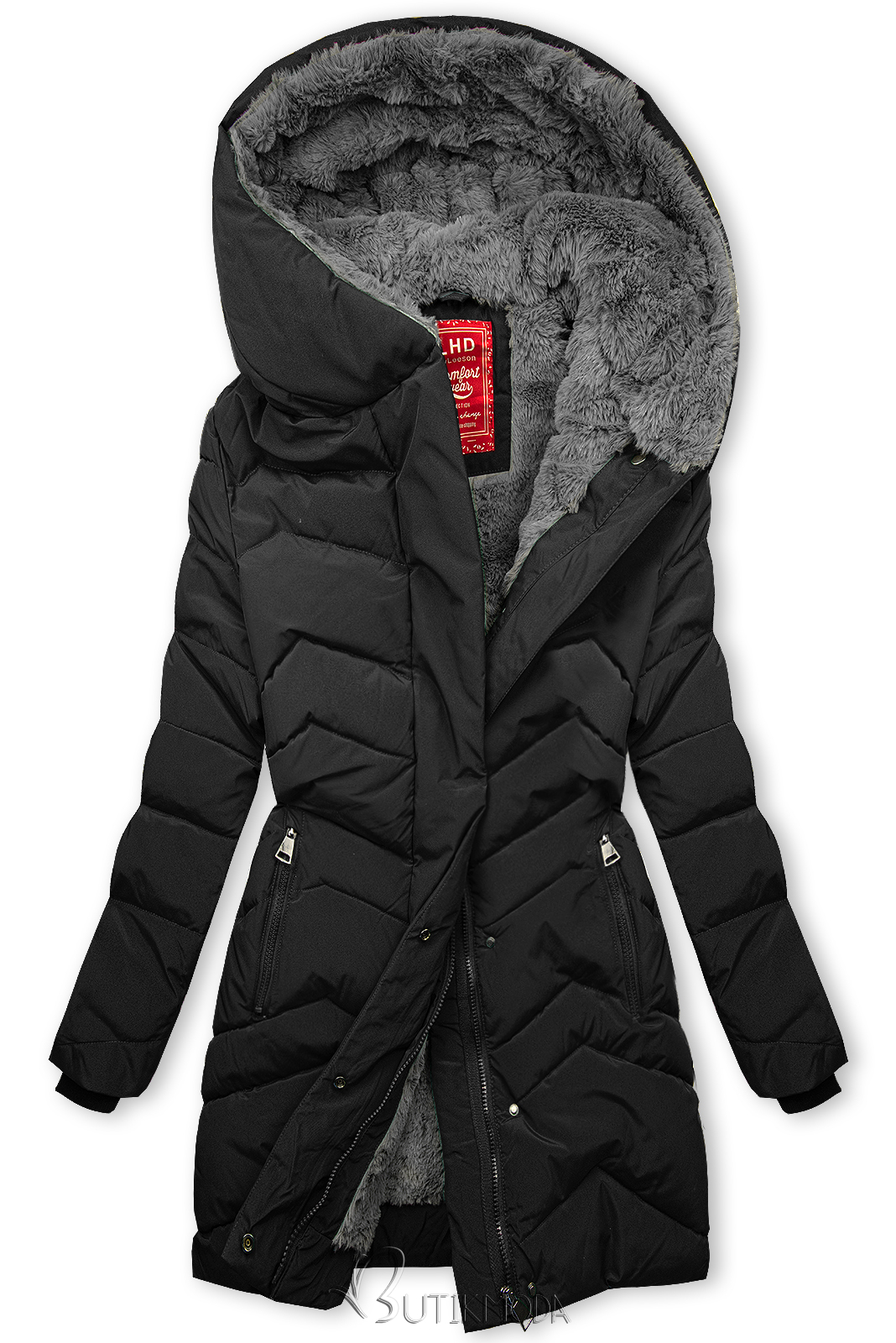 Fekete színű steppelt téli kabát plüssel