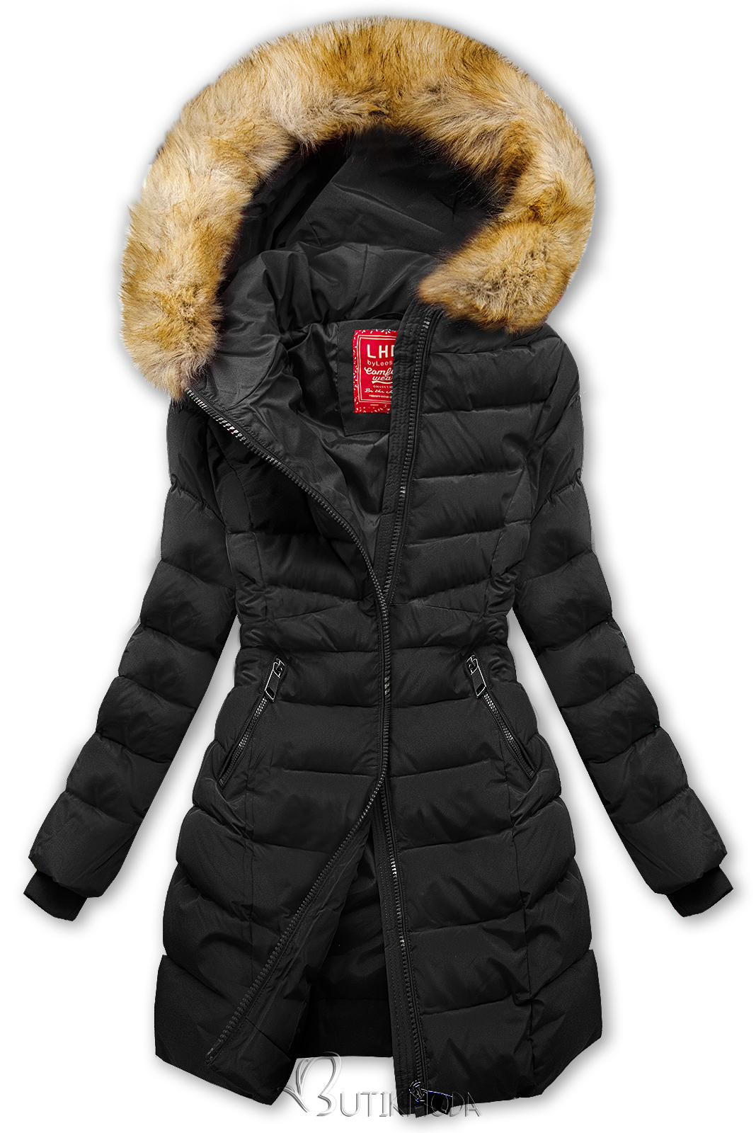 Fekete színű steppelt téli kabát műszőrmével