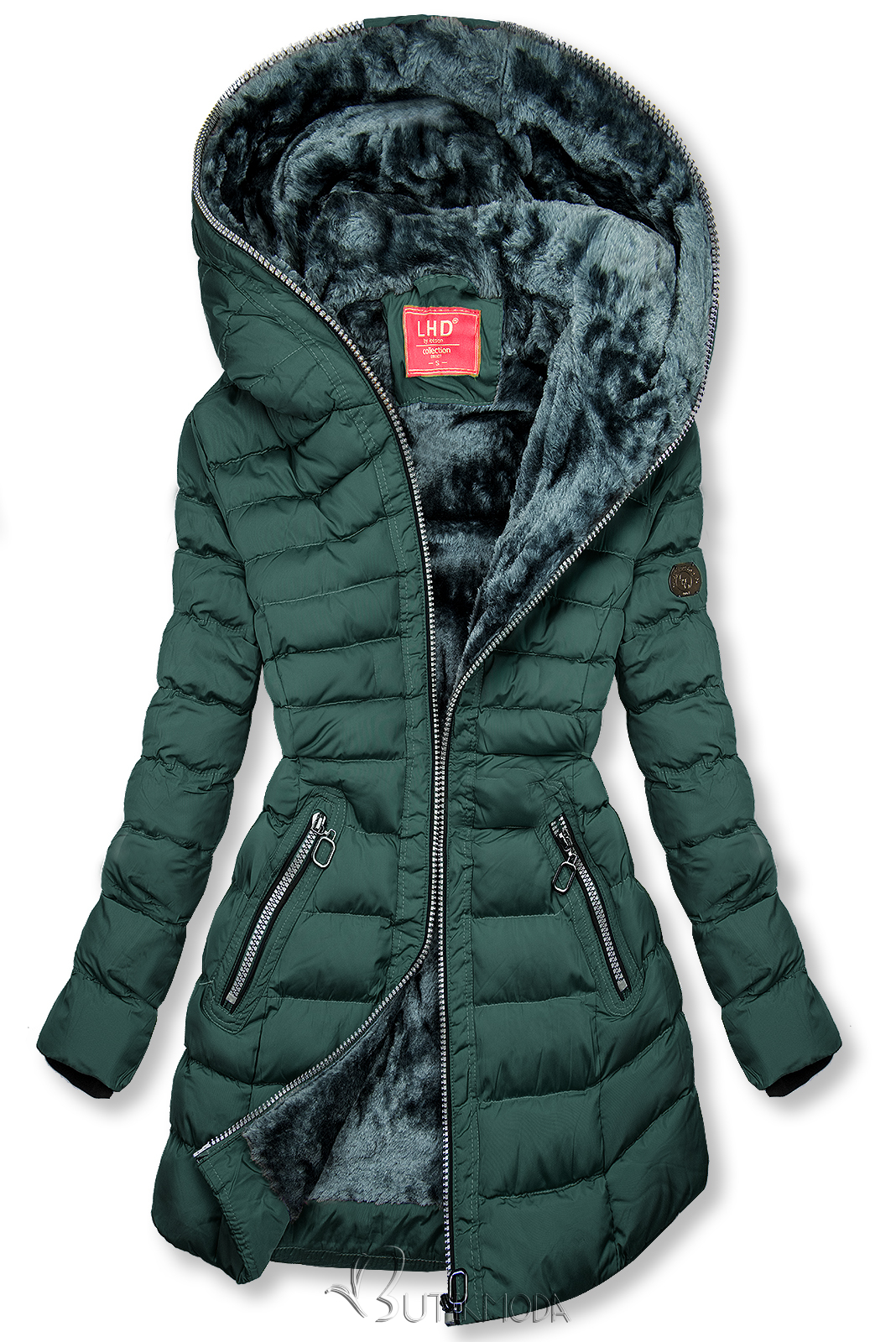 Téli steppelt kabát kapucnival - sötétzöld színű