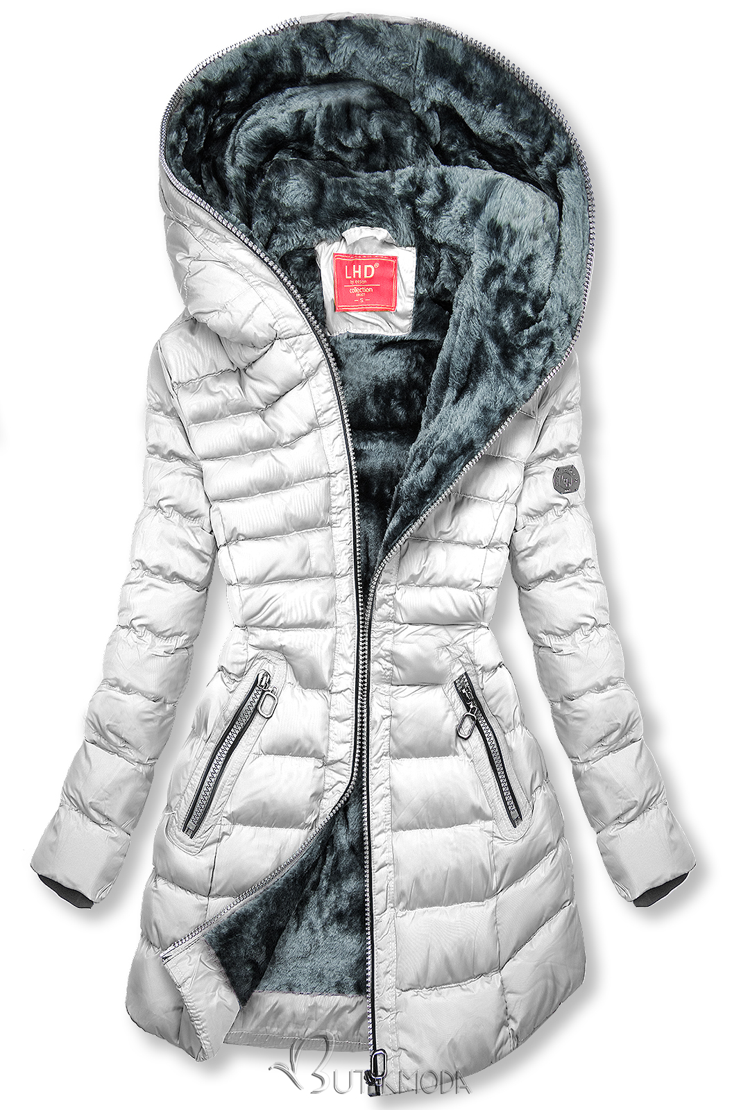 Téli steppelt kabát kapucnival - fehér színű