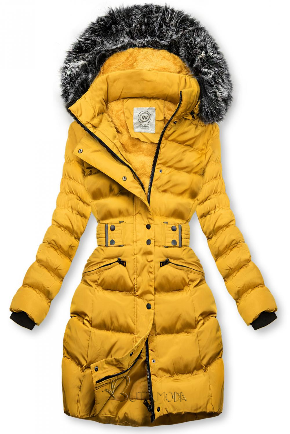 Mustársárga színű kabát levehető kapucnival