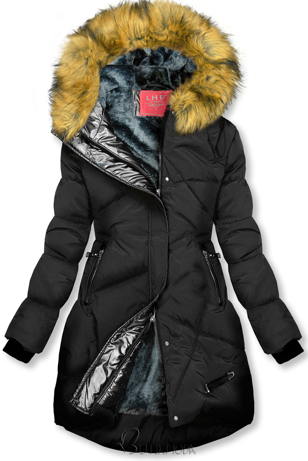 Fekete és szürke színű téli kabát ezüstszürke színű szegéllyel