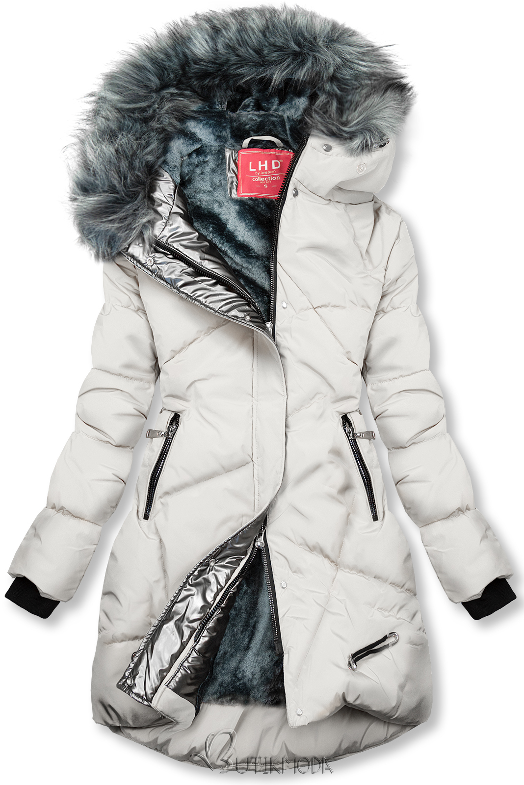 Ekrü színű téli kabát ezüstszürke színű szegéllyel