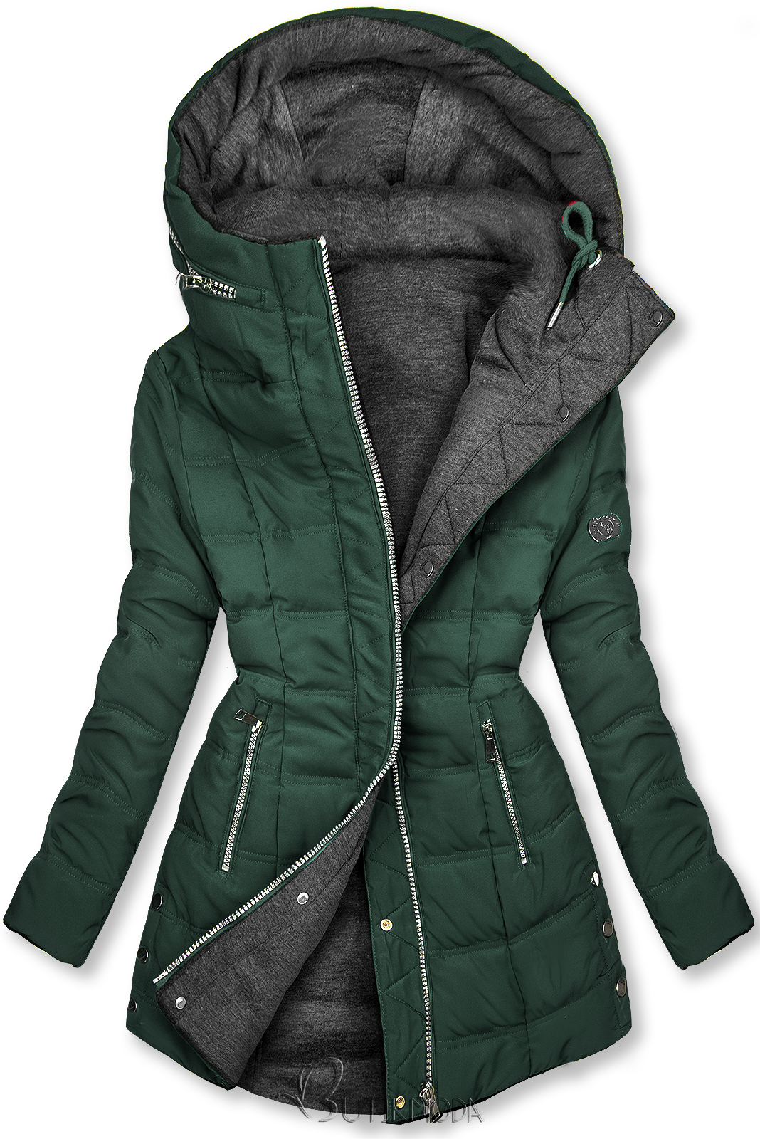 Sötétzöld és szürke színű kifordítható kabát sportos stílusban