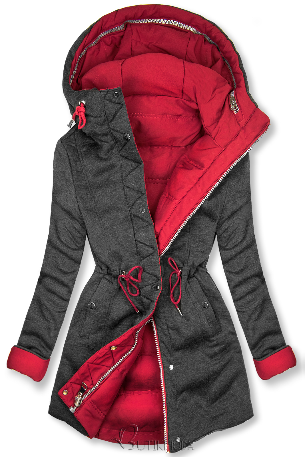 Borvörös és szürke színű kifordítható kabát sportos stílusban