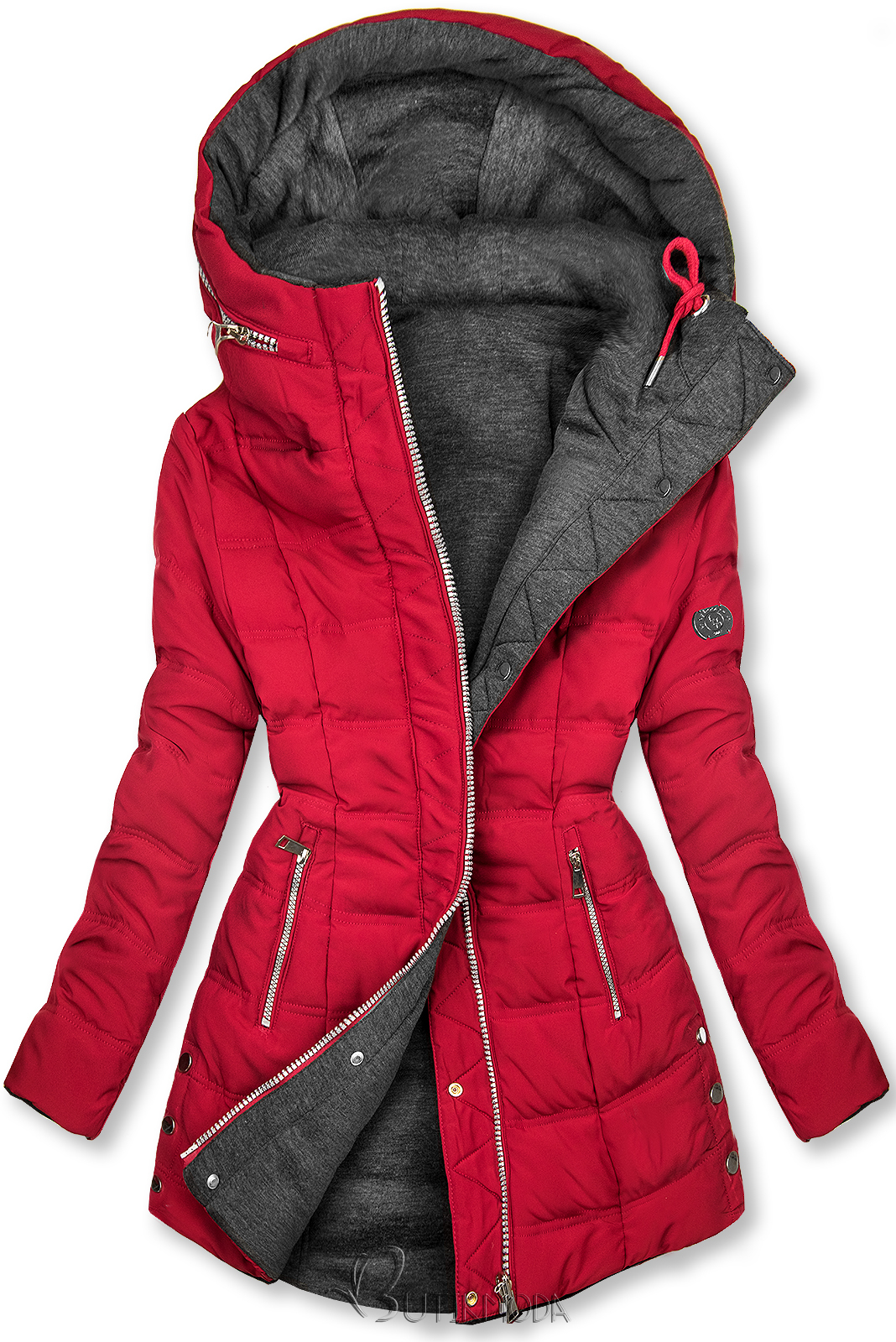 Borvörös és szürke színű kifordítható kabát sportos stílusban