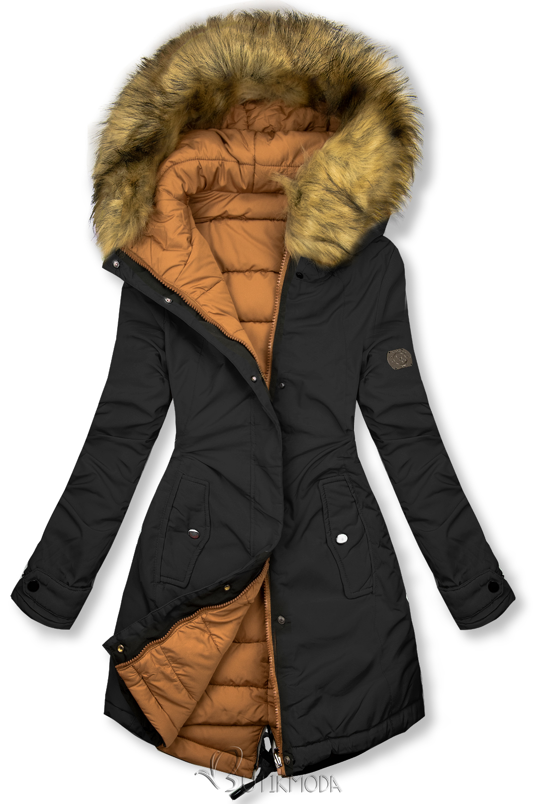 Fekete és karamellszínű kifordítható téli kabát