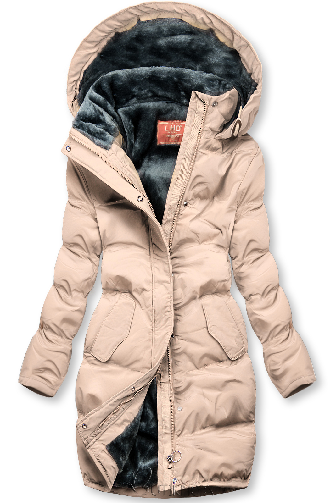 Púderszínű téli kabát plüss béléssel