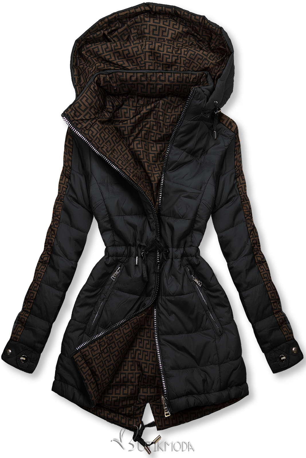 Fekete és barna színű kifordítható kabát béléssel