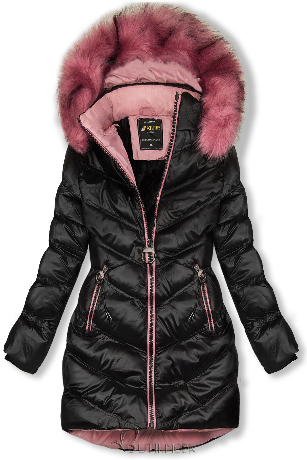 Fekete és rózsaszínű kabát kontrasztos szegéllyel