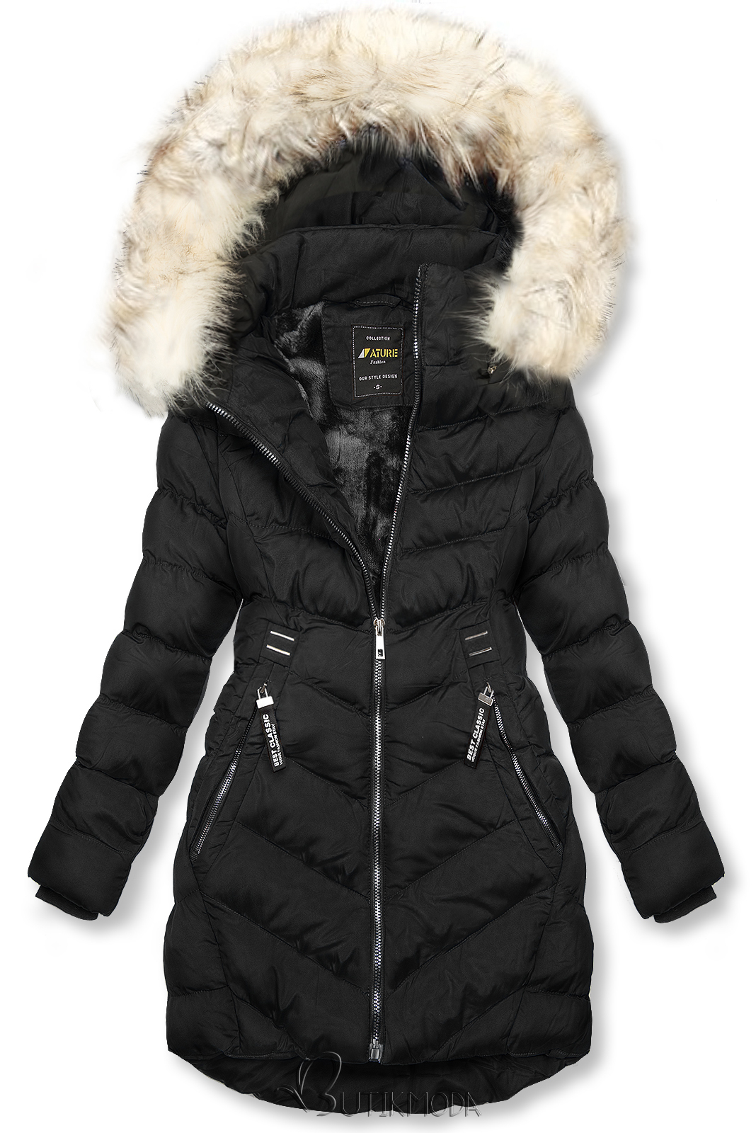 Fekete zsínű téli kabát levehető kapucnival