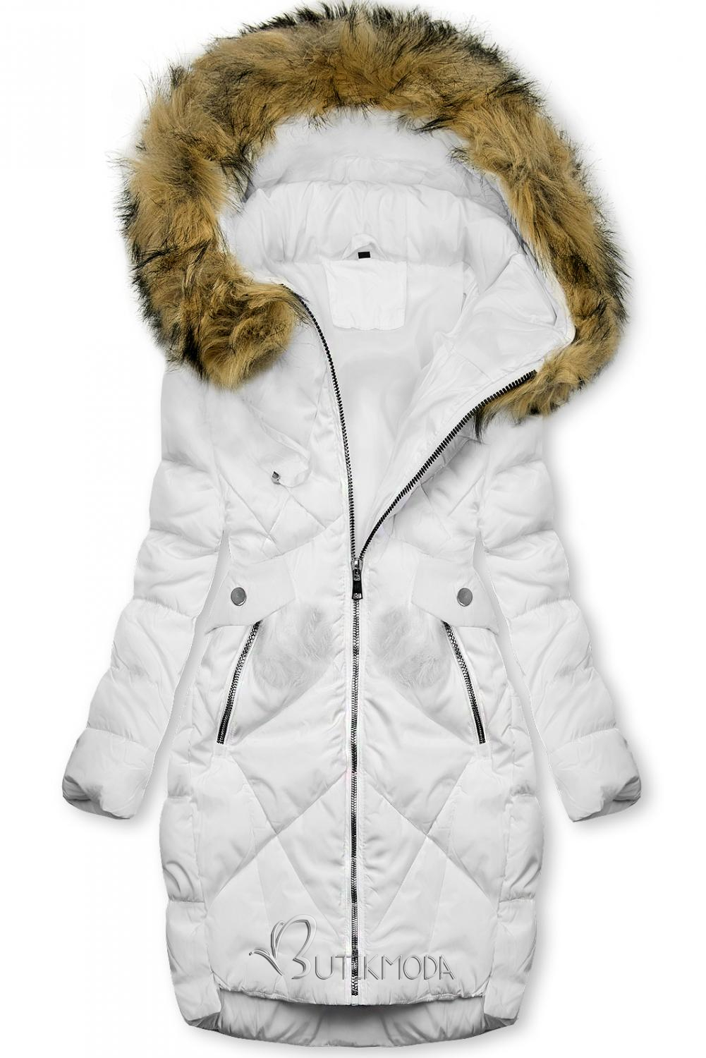 Fehér színű téli kabát pompommal